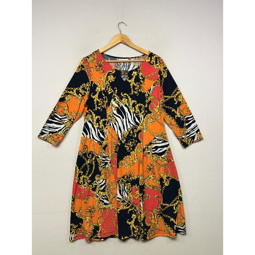 Maximalist Susan Graver Womens L Orange Liquid Knit Print A-Line Dress Career